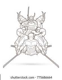 Group of Samurai, Ready to fight action cartoon outline graphic vector