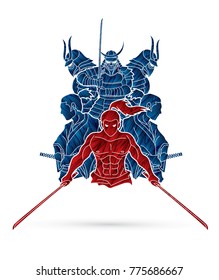 Group of Samurai, Ready to fight action designed using grunge brush cartoon graphic vector