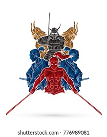 Group of Samurai, Ready to fight action cartoon designed using grunge brush graphic vector