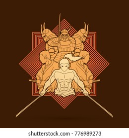 Group of Samurai, Ready to fight action cartoon designed on line square background graphic vector