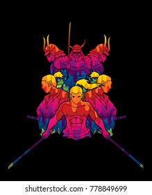 Group of Samurai, Ready to fight action designed using colorful cartoon graphic vector