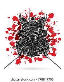 Group of Samurai, Ready to fight action designed on splatter blood background cartoon graphic vector