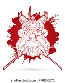 Group of Samurai, Ready to fight action designed on splash blood background cartoon graphic vector