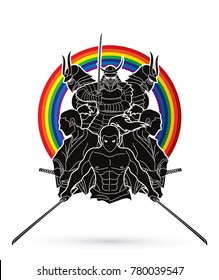 Group of Samurai, Ready to fight action designed on line rainbows background cartoon graphic vector