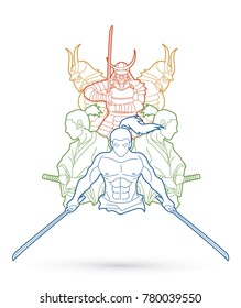 Group of Samurai, Ready to fight action outline cartoon graphic vector