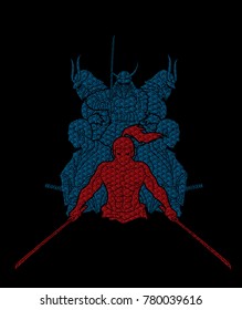 Group of Samurai, Ready to fight action designed using line water wave pattern cartoon graphic vector