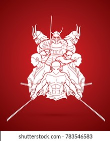 Group of Samurai, Ready to fight action cartoon graphic vector