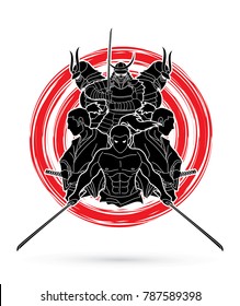 Group of Samurai, Ready to fight action designed on grunge circle background cartoon graphic vector