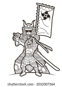 Gruppe Samurai-Krieger Ronin mit Waffen- und Rüstungsaktion bereit zum Karikatur-Vektorgrafik