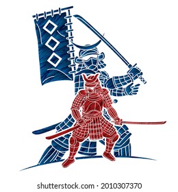 Group of Samurai Warrior Ronin with Weapon and Armor Action Ready to Fight Cartoon Graphic Vector