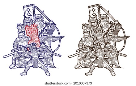 Group of Samurai Warrior Ronin with Weapon and Armor Action Ready to Fight Cartoon Graphic Vector