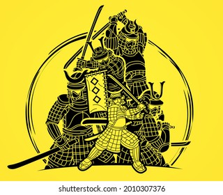 Grupo de Guerrero Samurai Ronin con acción armada y armadura listo para luchar contra el vector gráfico de dibujos animados