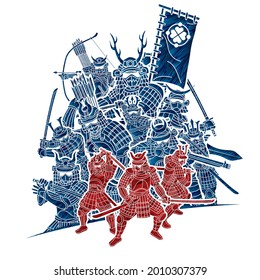 Group of Samurai Warrior Ronin with Weapon and Armor Action Ready to Fight Cartoon Graphic Vector
