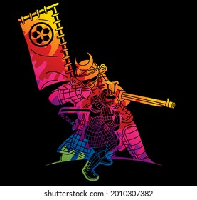 Gruppe Samurai-Krieger Ronin mit Waffen- und Rüstungsaktion bereit zum Karikatur-Vektorgrafik