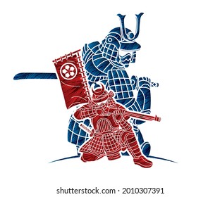 Gruppe Samurai-Krieger Ronin mit Waffen- und Rüstungsaktion bereit zum Karikatur-Vektorgrafik