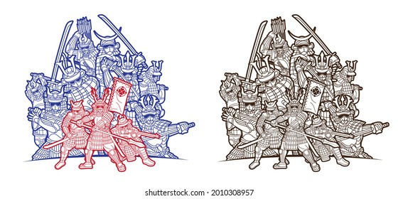Gruppe Samurai-Krieger Ronin mit Waffen- und Rüstungsaktion bereit zum Karikatur-Vektorgrafik