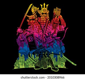 Group of Samurai Warrior Ronin with Weapon and Armor Action Ready to Fight Cartoon Graphic Vector