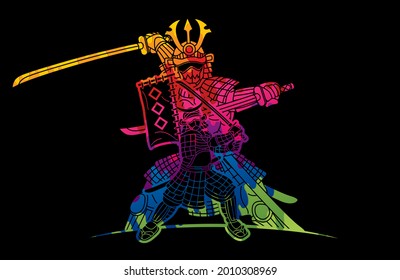 Grupo de Guerrero Samurai Ronin con acción armada y armadura listo para luchar contra el vector gráfico de dibujos animados