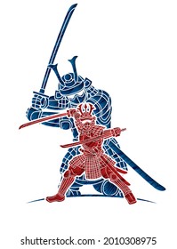 Group of Samurai Warrior Ronin with Weapon and Armor Action Ready to Fight Cartoon Graphic Vector
