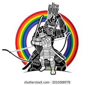Group of Samurai Warrior Ronin with Weapon and Armor Action Ready to Fight Cartoon Graphic Vector