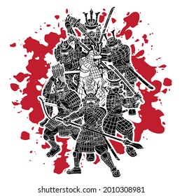 Group of Samurai Warrior Ronin with Weapon and Armor Action Ready to Fight Cartoon Graphic Vector