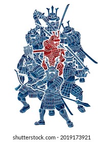 Group of Samurai Warrior with Weapon Ronin Japanese Fighter Cartoon Graphic Vector