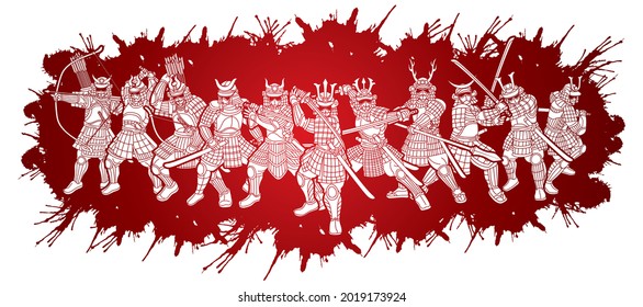 Group of Samurai Warrior with Weapon Ronin Japanese Fighter Cartoon Graphic Vector