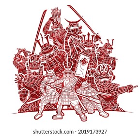 Gruppe Samurai Warrior mit Weapon Ronin Japanischer Fighter Cartoon Graphic Vector