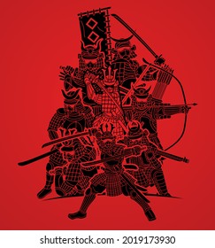 Gruppe Samurai Warrior mit Weapon Ronin Japanischer Fighter Cartoon Graphic Vector