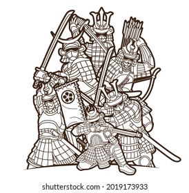 Group of Samurai Warrior with Weapon Ronin Japanese Fighter Cartoon Graphic Vector