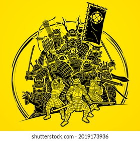 Grupo de Guerrero de Samurai con vector gráfico de dibujos animados japonés Ronin