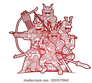Group of Samurai Warrior with Weapon Ronin Japanese Fighter Cartoon Graphic Vector