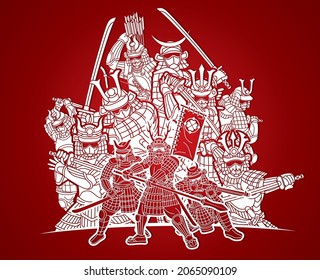 Group of Samurai Warrior with Weapon Ronin Action Ready to Fight Cartoon Graphic Vector