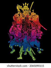 Grupo de Guerrero de Samurai con acción Ronin listo para combatir el vector gráfico de dibujos animados
