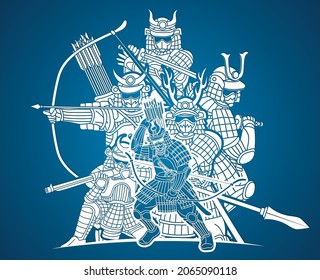 Gruppe Samurai Warrior mit Weapon Ronin Action Bereit zum Kampf Cartoon-Grafik-Vektorgrafik