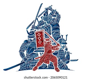 Grupo de Guerrero de Samurai con acción Ronin listo para combatir el vector gráfico de dibujos animados