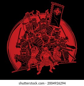 Gruppe Samurai Warrior mit Waffenaktion Cartoon Grafik-Vektorgrafik