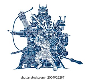 Gruppe Samurai Warrior mit Waffenaktion Cartoon Grafik-Vektorgrafik