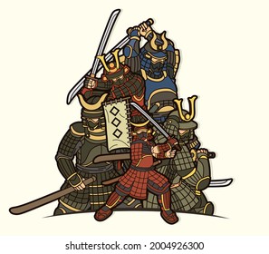 Group of Samurai Warrior with Weapons Action Cartoon Graphic Vector