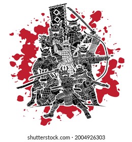 Group of Samurai Warrior with Weapons Action Cartoon Graphic Vector