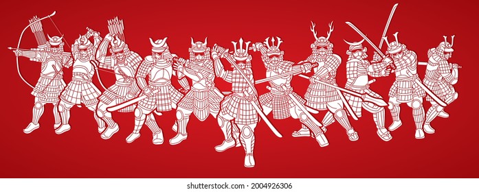 Group of Samurai Warrior with Weapons Action Cartoon Graphic Vector