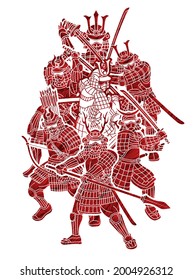 Group of Samurai Warrior with Weapons Action Cartoon Graphic Vector