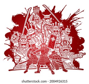 Group of Samurai Warrior with Weapons Action Cartoon Graphic Vector