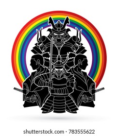 Group of Samurais, Ready to fight composition designed on line rainbows background graphic vector