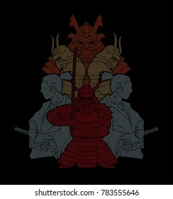 Group of Samurais, Ready to fight composition designed using dots pixels graphic vector