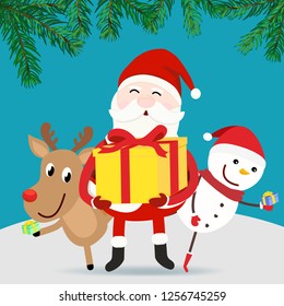 group of santa claus ,reindeer and dniw man carry the red gift box with christmas tree frame. concept design for border template for Christmas and new year greeing card in vector illustration