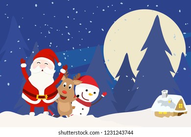 group of Santa Claus, reindeer and snow man on the christmas eve night in snowy village background. Concept of greeting card christmas and new year season in ve