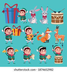 group of santa helpers characters with animals and instruments vector illustration design