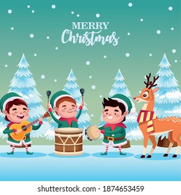 group of santa helpers playing instruments and deer characters vector illustration design