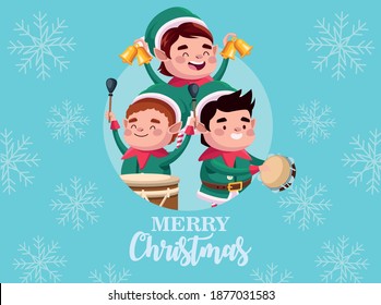 group of santa helpers playing instruments and bells vector illustration design